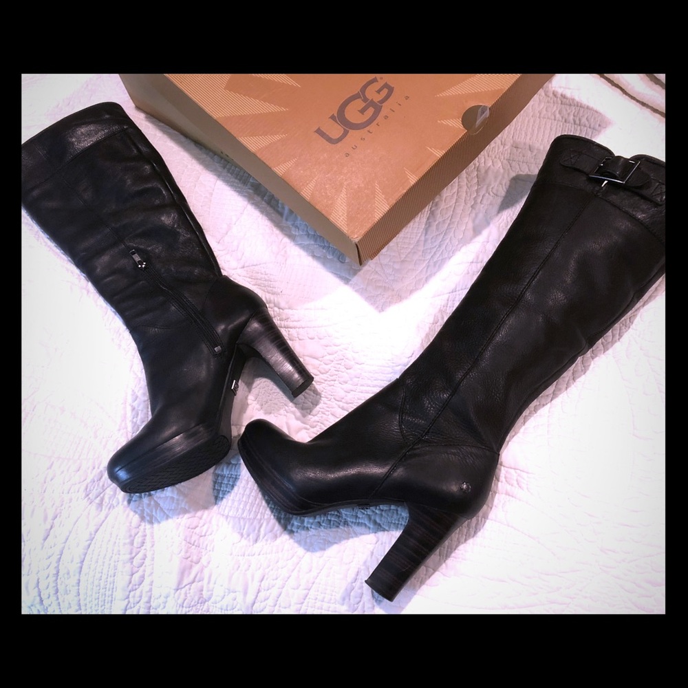 UGG Black Leather Heel Boots